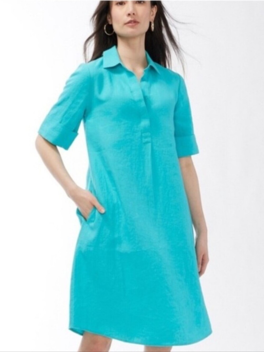 100% Linen Chico's Size 4 Teal Button-Front Collar Dress Summer Coastal Resort